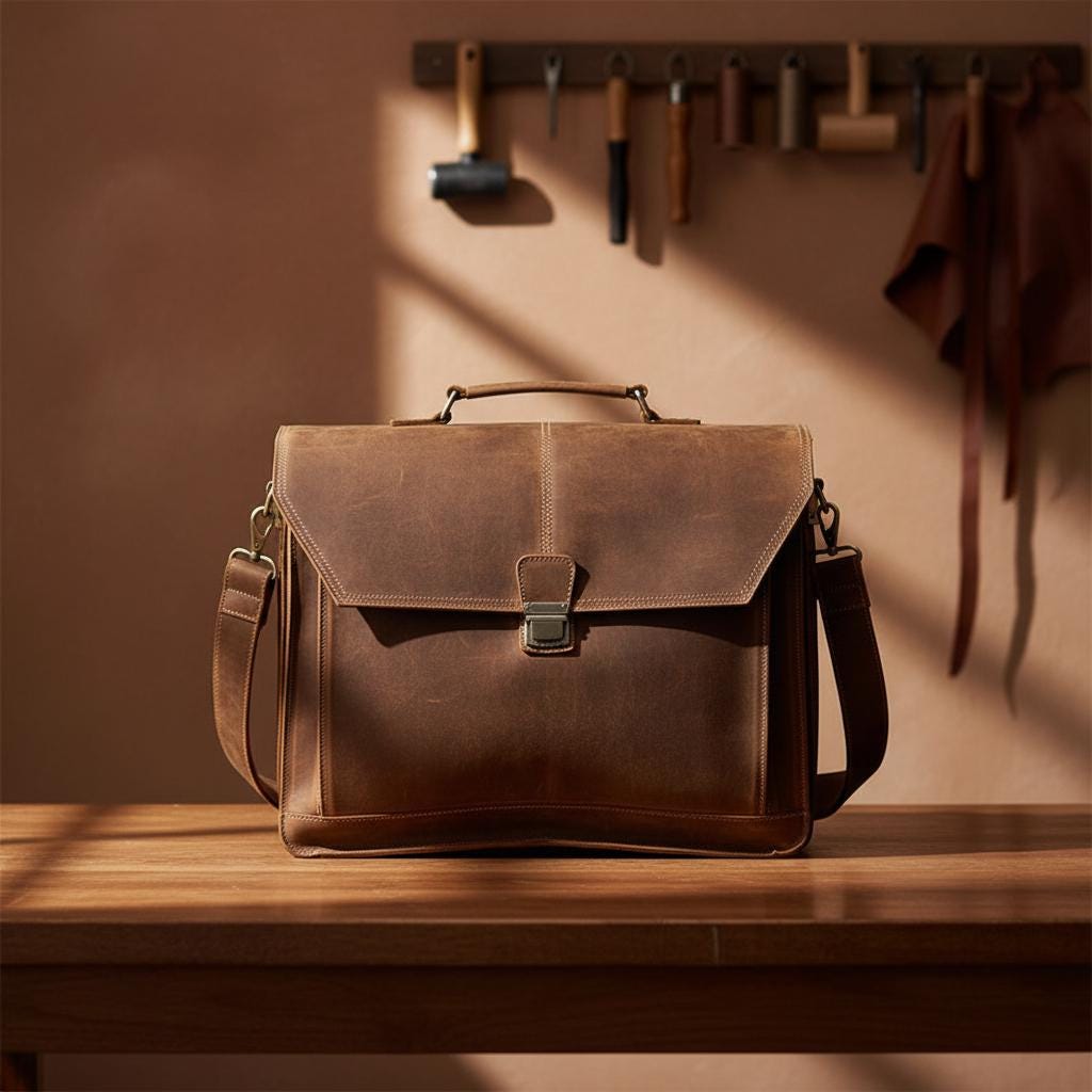 Vintage Crazy Horse Leather Briefcase 15 Inch Laptop Bag, Genuine Cowhide Business Messenger Bag, Brown Office Shoulder Tote for Men