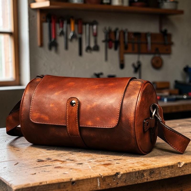 Vegetable Tanned Leather Cylinder Bag, Round Crossbody Satchel for Men and Women, Distressed Leather Drum Bag, Unisex Vintage Shoulder Bag