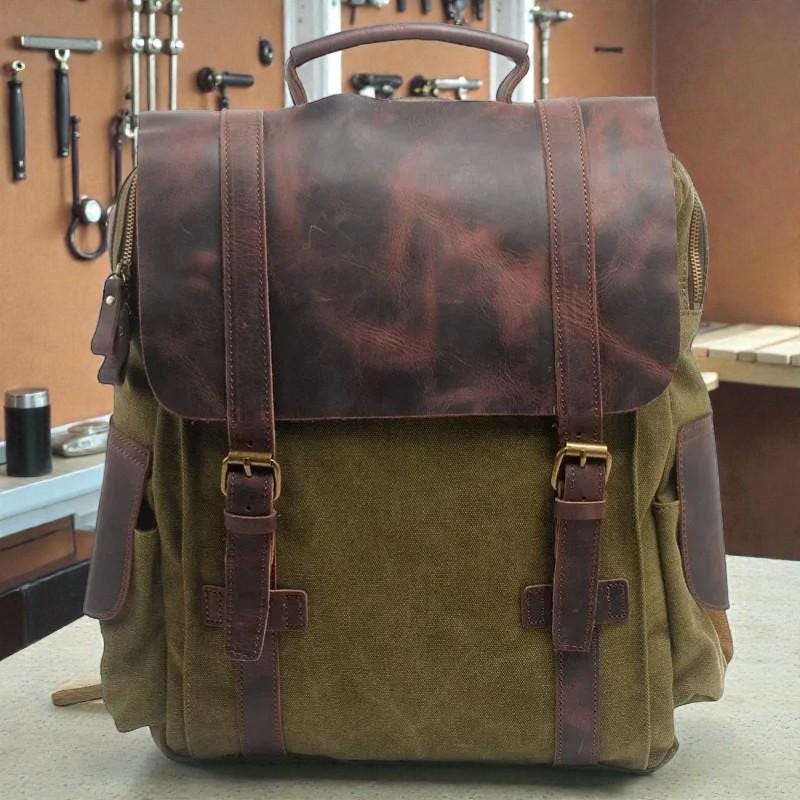 Vintage Canvas Leather Backpack – Unisex Travel Backpack, Military Laptop Backpack, Large Capacity Hiking Bag, Canvas Rucksack