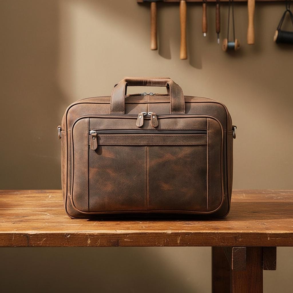 Vintage Crazy Horse Genuine Leather Briefcase 17 Inch Laptop Bag for Men – Large Brown Business Messenger Shoulder Bag
