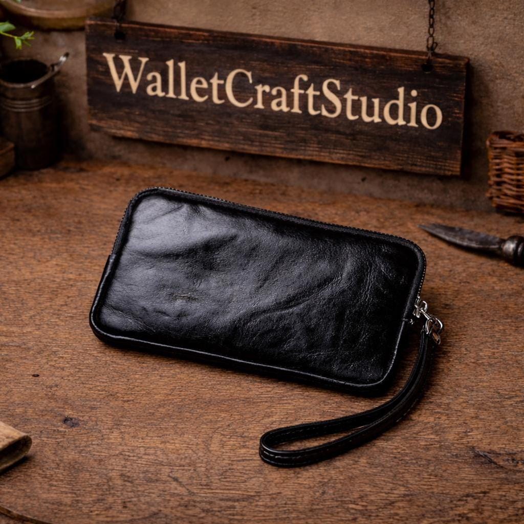 Vintage Genuine Leather Long Wallet for Men & Women – Top Layer Cowhide Zipper Clutch, Phone Pocket Card Holder