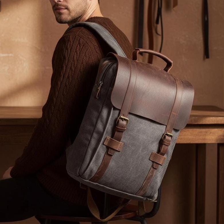Canvas Leather Backpack – Vintage Military Laptop Rucksack 20-35L, School Travel Bag with Leather Trim